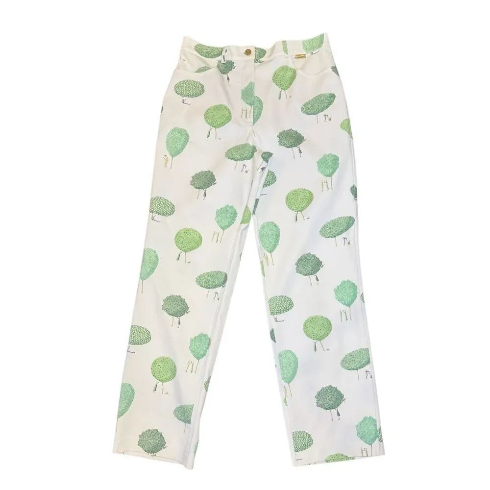 St. John Sport by Marie Gray Ankle Pants White Green Trees/Park Scene Sz. 10 Str